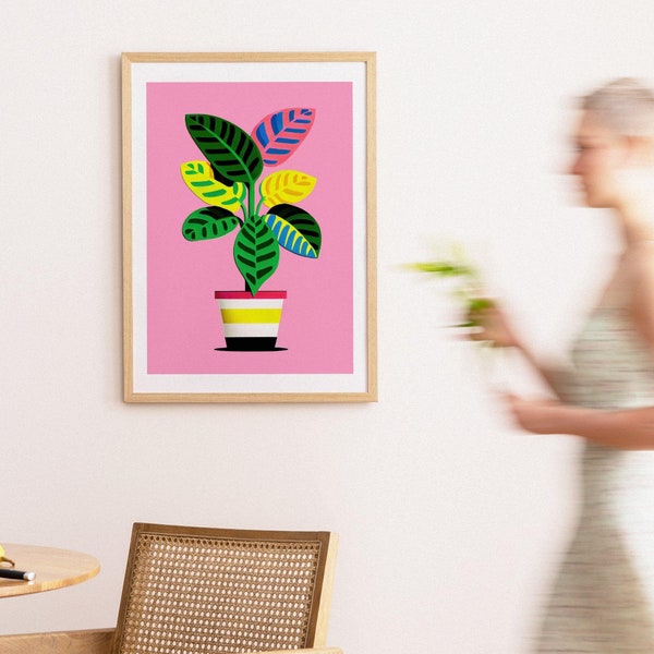 Retro gewaagde minimalistische Dieffenbachia Retro Plant Poster | Dieffenbachia kunst aan de muur | Tuin kunstprint | Kinderkamerdecoratie | Kleurrijke plant