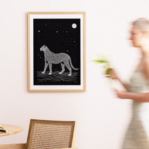 Night Cheetah Art Print, Constellation Design, Black and White Art, Retro Vintage, Wildlife Art, Bedroom Wall Decor, Digital Download image 1