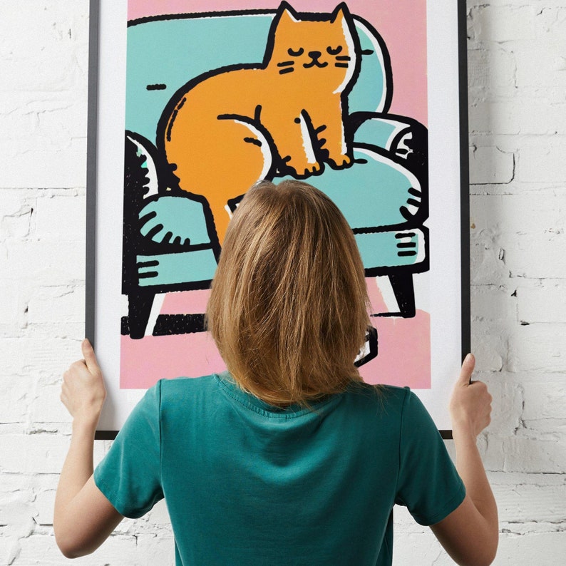 Adorable Tabby Lounging Feline Comfort Retro Poster Cat Lover Gift Vintage Art Tabby Cat Cozy Wall Art Animal Poster Pink Art image 5