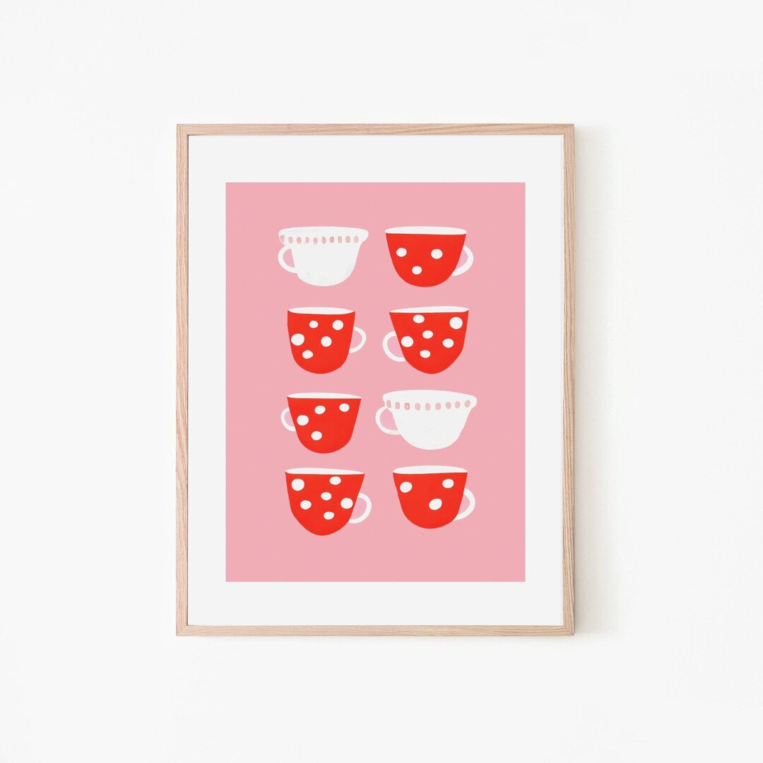 Polka Dot Teacup Red White Kitchen Decor Retro Poster Retro Art Teacup