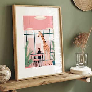 Office Art Print Giraffe Coffee Break, Retro Vintage Artwork, Wildlife Illustration, Quirky Office Decor, Coffee Lovers Gift, Animal Theme image 1