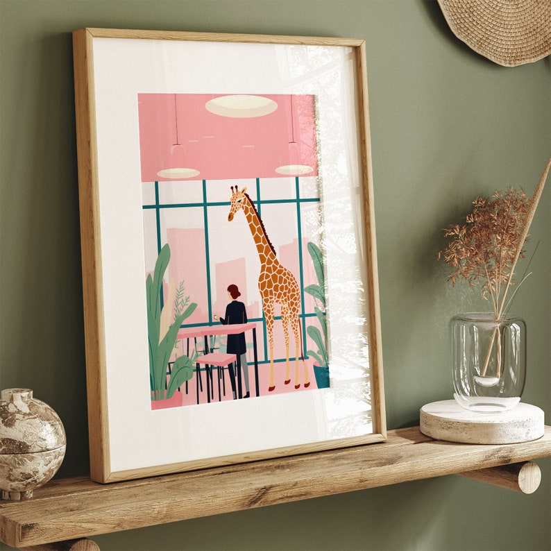 Office Art Print Giraffe Coffee Break, Retro Vintage Artwork, Wildlife Illustration, Quirky Office Decor, Coffee Lovers Gift, Animal Theme image 1