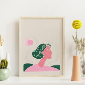 Girl Stamp Woodblock Retro Poster Pink Wall Art Digital Download Woodblock Style Girl Wall Decor Nursery Art Print Kids Wall Art image 2