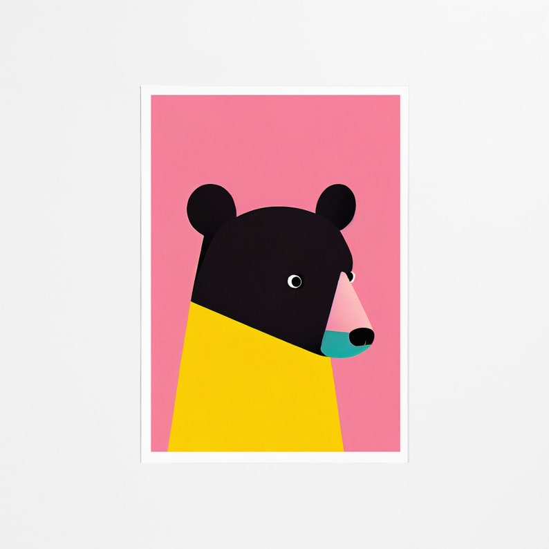 Stampa artistica retrò orso nero / Focus rosa brillante e giallo / Stampa artistica animale / Arte vintage / Decorazione della camera dei bambini / Stampa Pop Art immagine 2