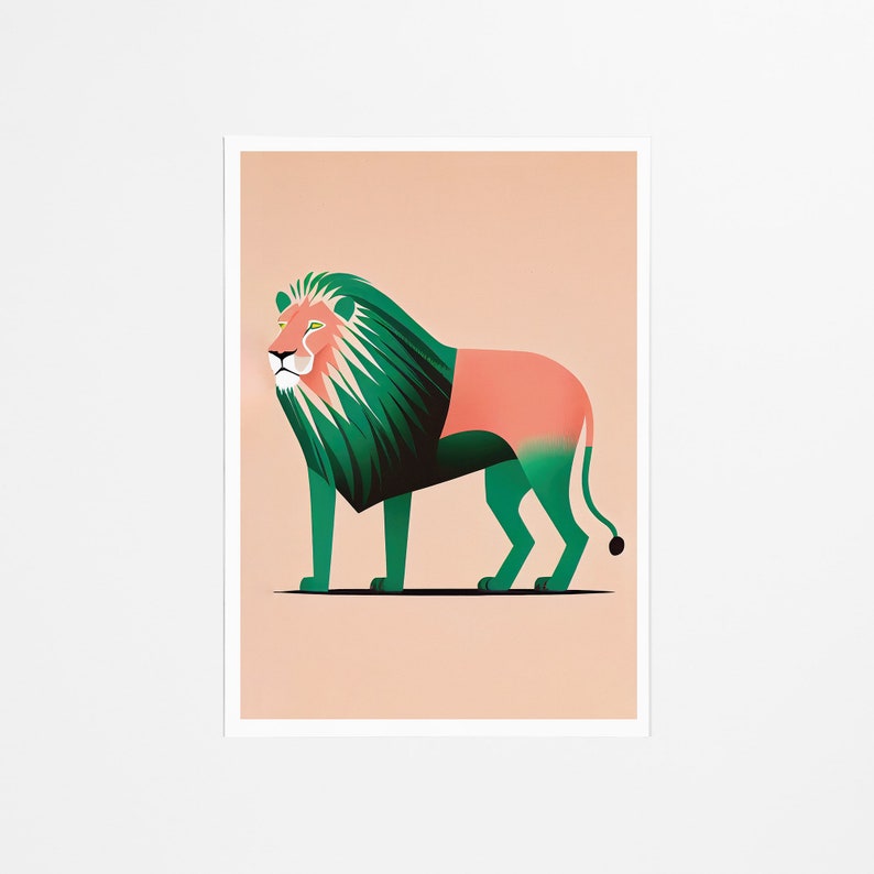 Leone africano / Design minimalista in rosa e verde / Stampa artistica animale / Arte colorata / Arredamento camera bambini / Arte minimalista / Stampabile immagine 2