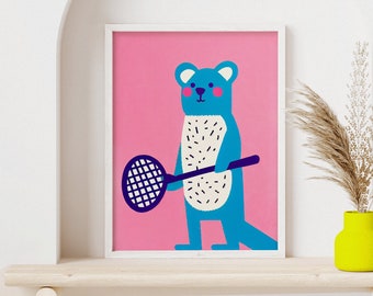 Tennis Koala Racket Retro Poster | Sports Room Wall Art | Tennis Player Gift | Cute Animal | Pink Room | Retro Koala