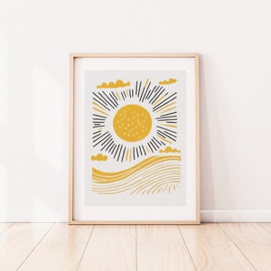 Sunrise Abstract Woodblock Retro | Yellow Poster | Morning Wall Art Print | Modern Printable Poster | Kitchen Wall Art