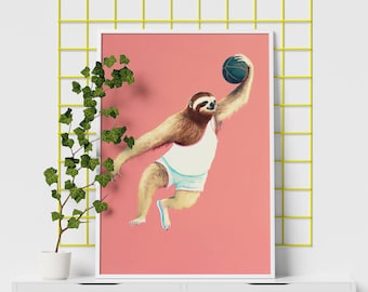 Dunking Sloth Retro Poster | Pastel Art | Wall Art | Funny Home Decor | Animal Poster | Funny Poster | Sloth Wall Art