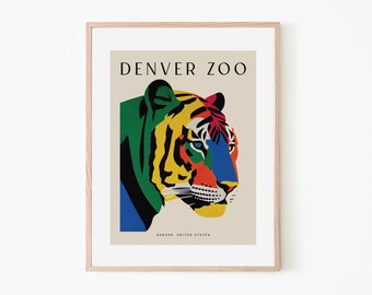 Denver Zoo Retro Tiger Poster Fett Bunt Minimalismus | USA Reise Poster | Asiatische Wildtiere Wandkunst | Vintage Tier Dschungel Kunstdruck