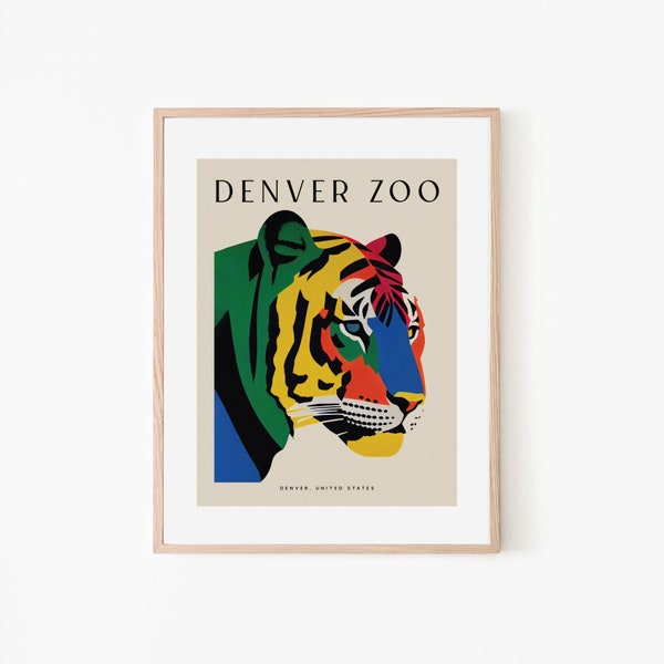 Cartel retro del tigre del zoológico de Denver Minimalismo colorido audaz / Cartel de viaje de EE. UU. / Arte de la pared de vida silvestre asiática / Impresión de arte de la selva animal vintage
