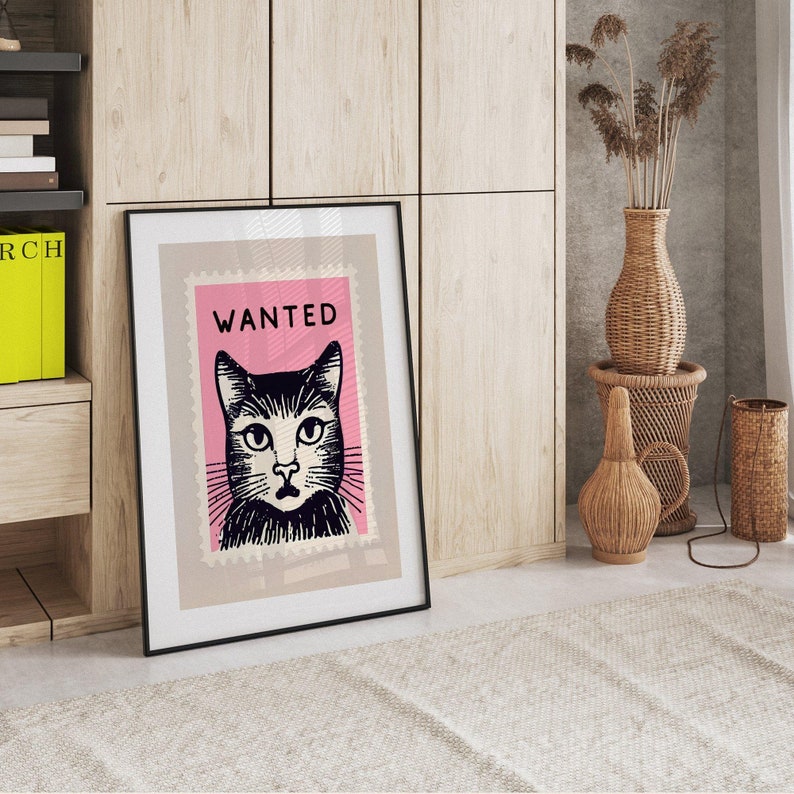 Vintage Pink Cat Wanted Stamp Retro Poster Pink Wall Art Gift for Cat Lovers Boho Vintage Decor Vintage Art image 3