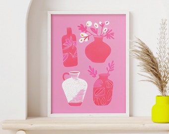 Vibrant Vases Dynamic Hues | Pink White Pastel Home Decor | Soft Color Art Print | FlowersArt Still Life | Ancient Greek Theme Poster