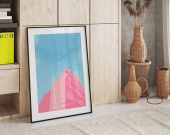 Majestic Great Wall Of China Landscape Pink Retro Poster | Travel Art Print | China Adventure | Pink Blue Hues | Pastel Art Print