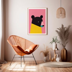Stampa artistica retrò orso nero / Focus rosa brillante e giallo / Stampa artistica animale / Arte vintage / Decorazione della camera dei bambini / Stampa Pop Art immagine 9