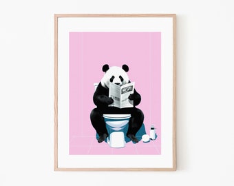 Pink Panda Funny Bathroom Print, Playful Reading Moment Art, Retro Vintage, Wall Decor, Unique Nursery Kids Room, Whimsical Humorous