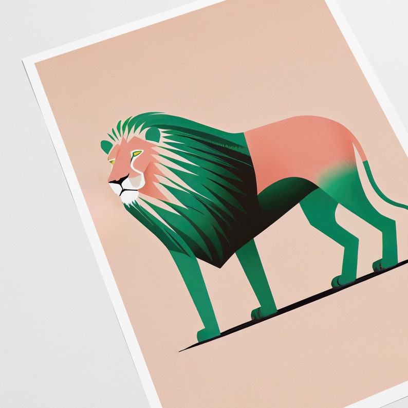 African Lion Minimalistic Design in Pink and Green Animal Art Print Colorful Art Kids Room Decor Minimalist Art Printable image 3