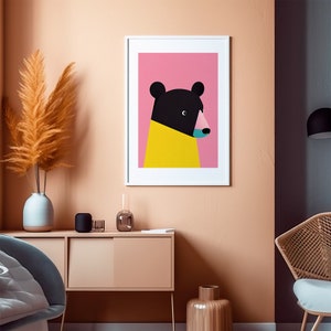 Stampa artistica retrò orso nero / Focus rosa brillante e giallo / Stampa artistica animale / Arte vintage / Decorazione della camera dei bambini / Stampa Pop Art immagine 10