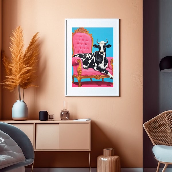 Glamour Cow Poster Pink Majesty Portrait, Vintage Farm Animal Art, Luxury Country Style, Living Room, Retro Boho Chic