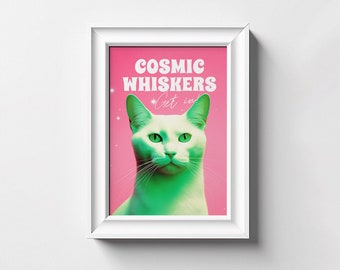 Cosmic Whiskers Art Print, Funny Stellar Cat Gaze, Retro Vintage Art, Animal Lovers, Retro Wall Art, Whimsical, Space, Digital Print