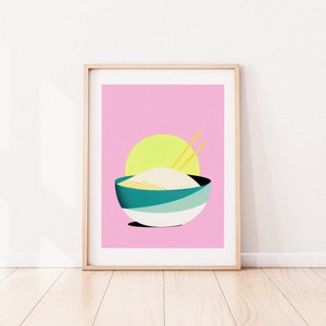 Japan Rice Bowl Pink Sunrise Retro Poster Pink Wall Art Screen Print Poster Riso Rice Bowl Food Japanese Art Food Poster image 2