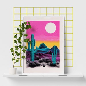 Riso Cactus Art Print, Psychedelic Sunset, Vintage Art, Retro Wall Hanging, Bohemian Living Room, Desert Theme, Digital Download image 10