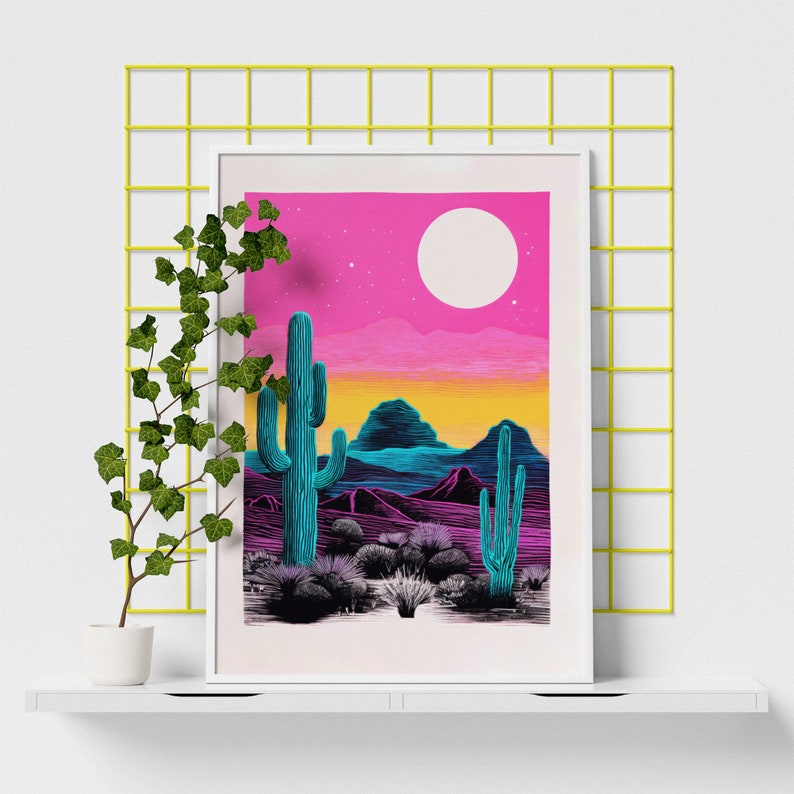 Riso Cactus Art Print, Psychedelic Sunset, Vintage Art, Retro Wall Hanging, Bohemian Living Room, Desert Theme, Digital Download image 10