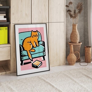 Adorable Tabby Lounging Feline Comfort Retro Poster Cat Lover Gift Vintage Art Tabby Cat Cozy Wall Art Animal Poster Pink Art image 2