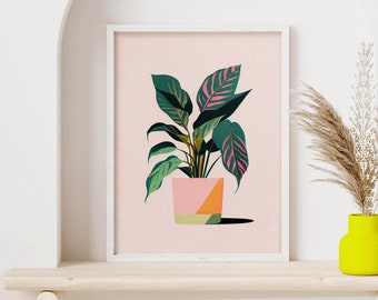 Soft Aglaonema Plant Retro Poster | Retro Plant Art | Minimalist Poster | Gerstner Pattern | Boho Wall Art | Printable | Pastel Colors