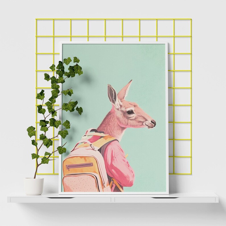 School Boy Kangaroo Retro Poster Pastel Art Australian Wall Art Nursery Decor Turquoise Animals Art Print Pink image 3