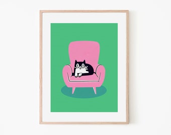 Retro Pink Sofa Lounging Cat | Charming Feline Wall Art | Perfect for Cat Lovers | Trendy Home Decor Accent | Cat Room Art