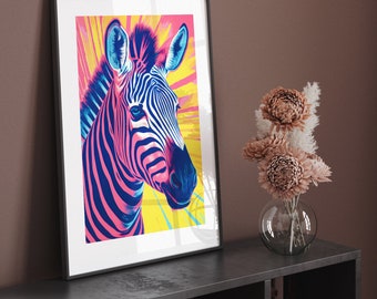 Zebra Poster Risograph, Vintage Retro Art Print, Animal Wall Art, Black and White Stripes, Safari Nursery Decor, Instant Download