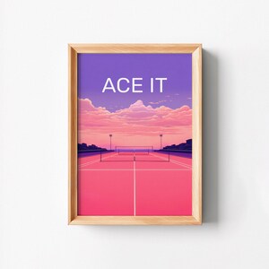 Tennis Court Art Print, ACE IT Evening Glow, Sports Memorabilia, vintage Retro, Wall Decor, Pink Purple Aesthetic, Digital Download image 7