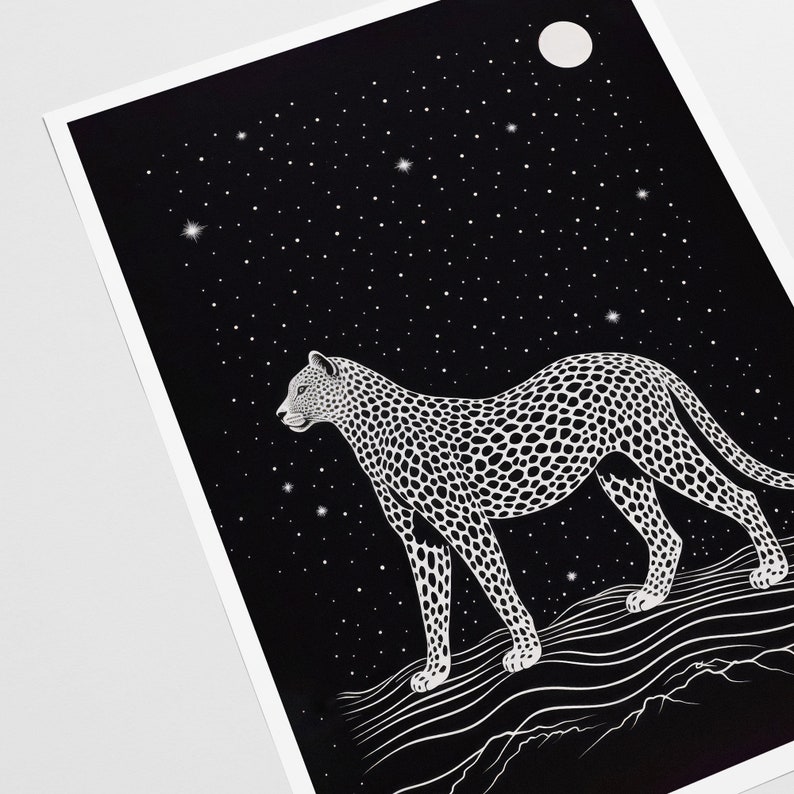 Night Cheetah Art Print, Constellation Design, Black and White Art, Retro Vintage, Wildlife Art, Bedroom Wall Decor, Digital Download image 3