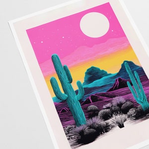 Riso Cactus Art Print, Psychedelic Sunset, Vintage Art, Retro Wall Hanging, Bohemian Living Room, Desert Theme, Digital Download image 3