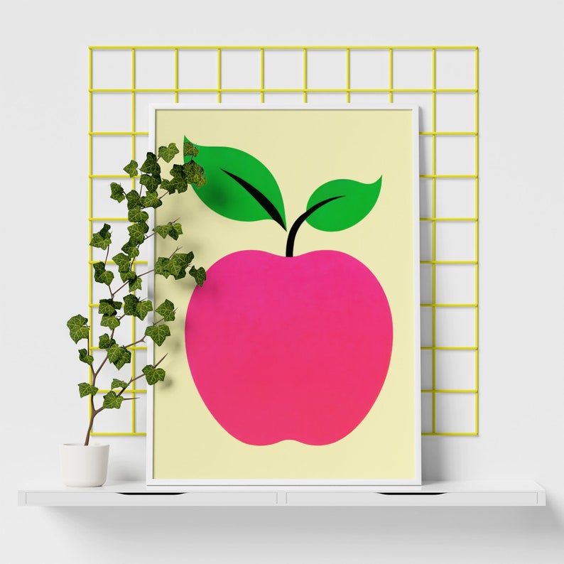 Minimalist Apple 70s Pop Art Retro Poster Fruit Wall Decor Kitchen Wall Art Pop Art Prints 70s Style Decor Minimalist Fruit Poster image 2