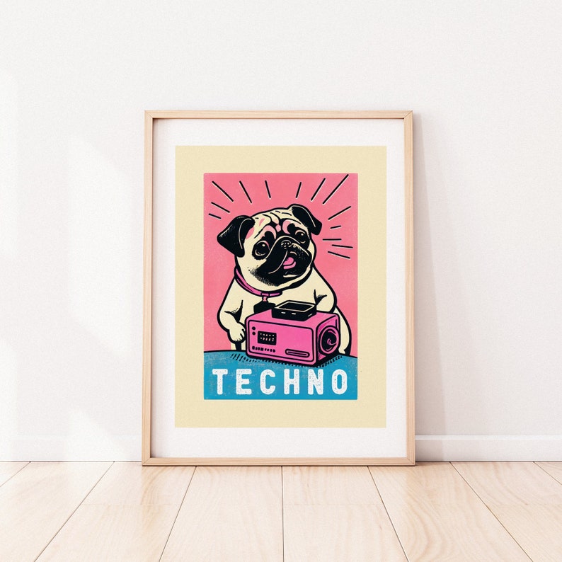 Techno Retro Pug Art Print Black and White Dog Print Techno Music Wall Decor Dog Lover Gift Rave Pug Dog Lover Retro Art Print image 4
