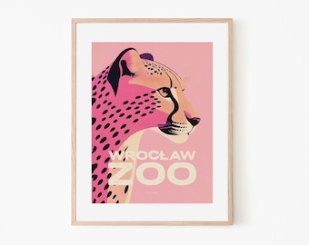 Wroclaw Zoo Retro Poster Cheetah Pink & Purple | Poland Travel Poster | African Wildlife Wall Art | Vintage Animal Safari Art Print