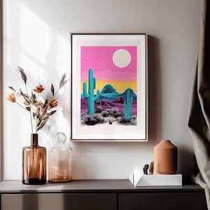 Riso Cactus Art Print, Psychedelic Sunset, Vintage Art, Retro Wall Hanging, Bohemian Living Room, Desert Theme, Digital Download image 1