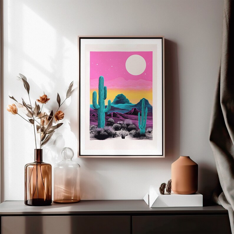 Riso Cactus Art Print, Psychedelic Sunset, Vintage Art, Retro Wall Hanging, Bohemian Living Room, Desert Theme, Digital Download image 1