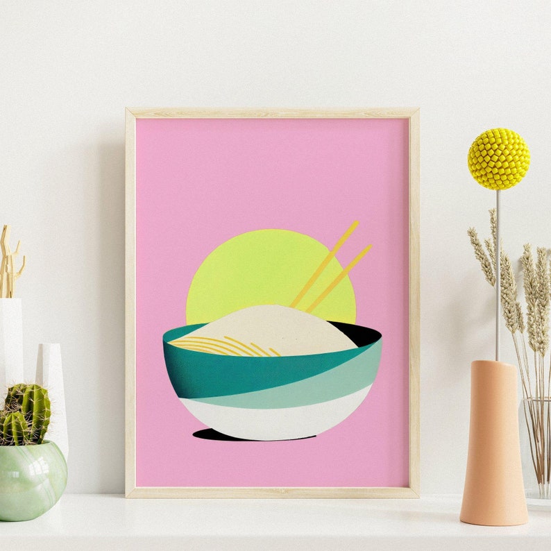 Japan Rice Bowl Pink Sunrise Retro Poster Pink Wall Art Screen Print Poster Riso Rice Bowl Food Japanese Art Food Poster image 3