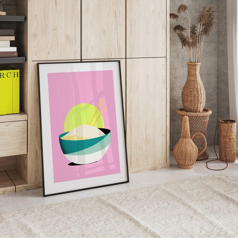 Japan Rice Bowl Pink Sunrise Retro Poster Pink Wall Art Screen Print Poster Riso Rice Bowl Food Japanese Art Food Poster image 7