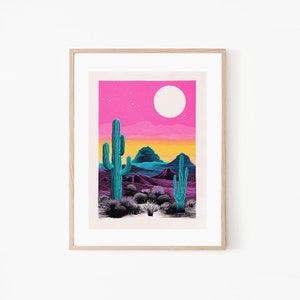 Riso Cactus Art Print, Psychedelic Sunset, Vintage Art, Retro Wall Hanging, Bohemian Living Room, Desert Theme, Digital Download image 5