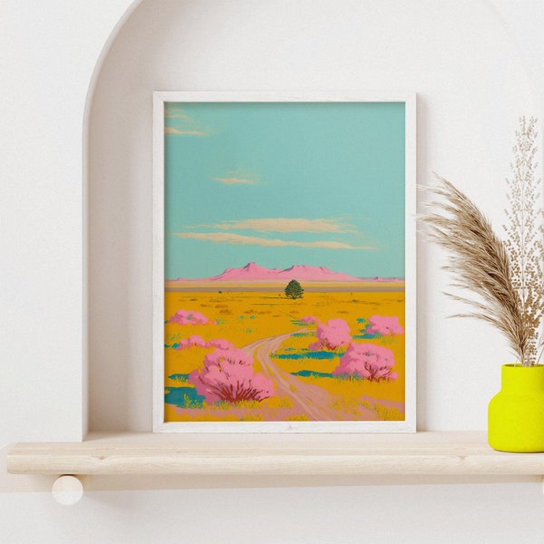 Pink Sky Retro Blue Sky Poster, Vintage Printable, Pastel Aesthetic, Yellow Pink Art, Retro Poster, Pink Poster Wall Art, Landscape Art