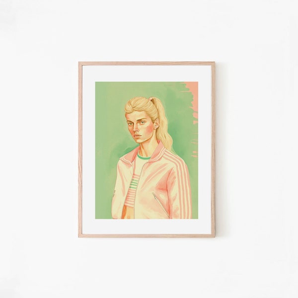 Training Suit Girl Trendy Retro Poster | Pastel Art | Green Wall Art | Pink Home Decor | Boho Wall Art | Nursery Decor | Pink Green Poster