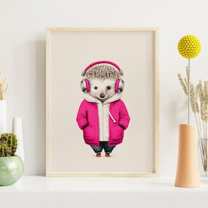 Hedgehog Art Print Hip Hop Vibes, Retro Vintage Poster, Animal Wall Art, Music Lover Gift, Living Room, Studio, or Teen Room, Printable image 1