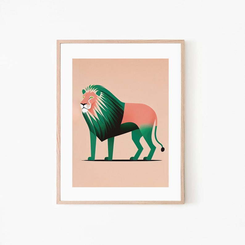 African Lion Minimalistic Design in Pink and Green Animal Art Print Colorful Art Kids Room Decor Minimalist Art Printable image 5