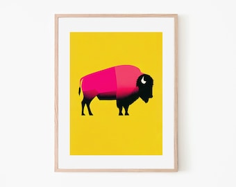 Majestic Bison | Pink Grace | Retro Art Print | Wildlife Art | Vintage Trendy Art Print | Zoo Poster | Nature Inspired Art Print