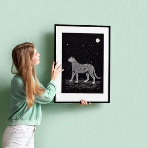 Night Cheetah Art Print, Constellation Design, Black and White Art, Retro Vintage, Wildlife Art, Bedroom Wall Decor, Digital Download image 7