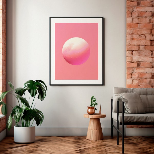 Marble Moon Art Print, Pink Dream Landscape, Retro Wall Art, Celestial Theme, Bedroom Decor, Romantic Vintage Style, Digital Print