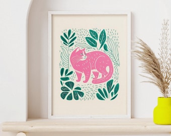 Gatto rosa con piante Poster retrò / Boho Wall Art / Tropic Wall Decor / Illustrazione vintage / Regali gatto per la camera delle donne e delle ragazze